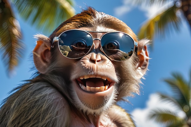 Foto um macaco usando óculos de sol sob um céu tropical