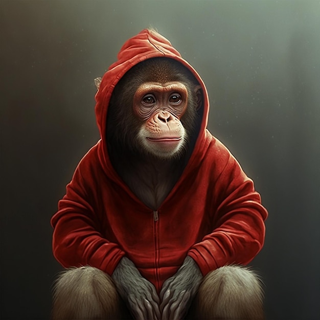 Um macaco vestindo um moletom vermelho que diz macaco nele.