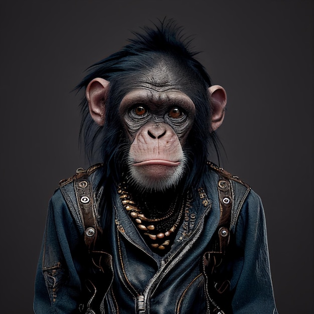 Um macaco vestindo uma jaqueta que diz 'macaco'