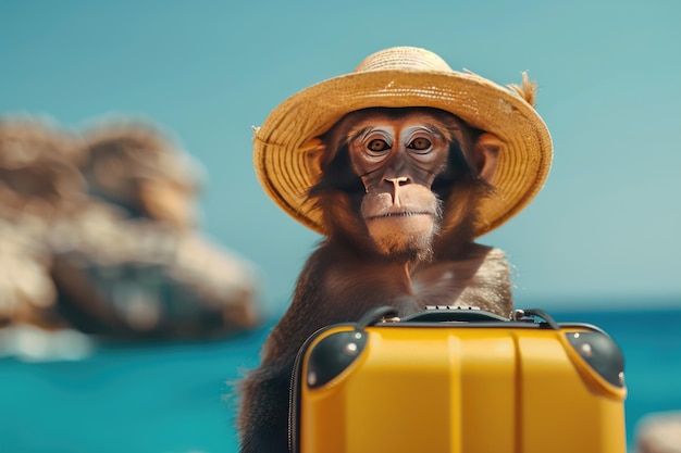 Um macaco viajante com uma mala amarela ao lado do mar O conceito de férias de verão