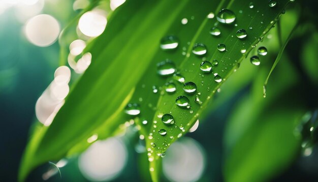 Um macro tiro de gotas de água nas folhas