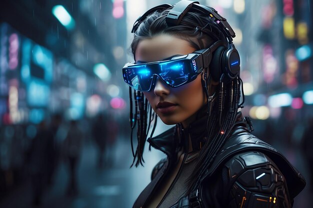 Um Maestro Cyberpunk em uma Paisagem Futurista Navegando por Interfaces Holográficas Realidade Virtual