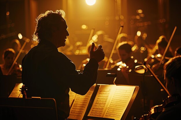 Um maestro numa orquestra com a sua orquestra