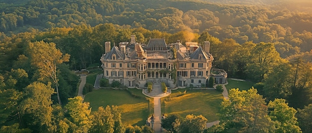 Um magnífico castelo é visto de cima escondido em um mar de vegetação exuberante