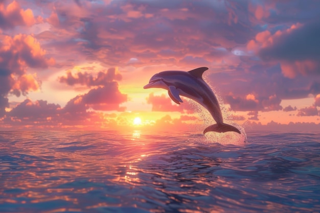 Um magnífico golfinho salta graciosamente do oceano cintilante contra o fundo