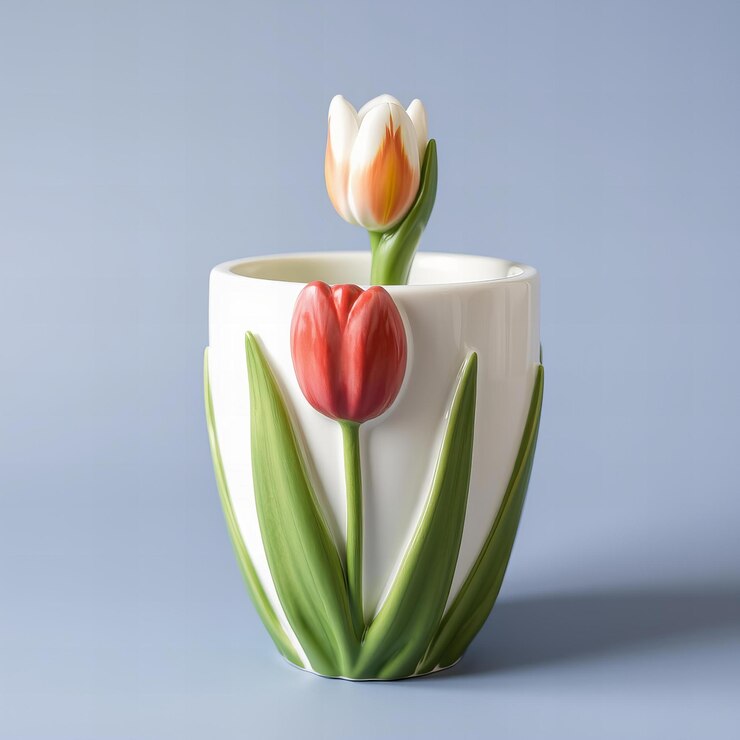 Foto um magnífico vaso de tulipas de porcelana de alta qualidade.