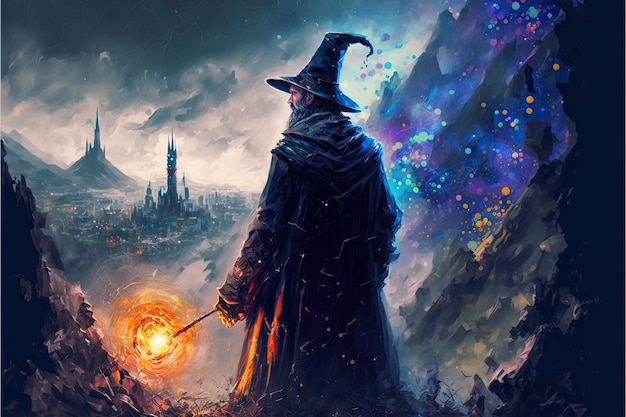 Um mago segurando uma varinha mágica no topo da colina na fantasia da noite escura