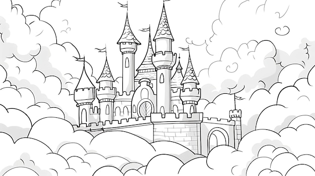 Foto um majestoso castelo ergue-se acima das nuvens suas altas torres e torres estão cercadas por nuvens brancas fofas