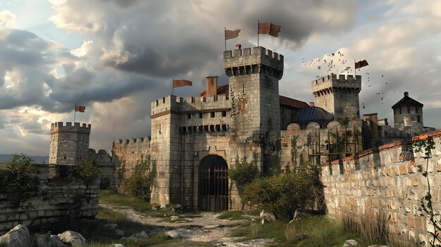 Foto um majestoso castelo ergue-se alto e orgulhoso suas torres chegando até o céu