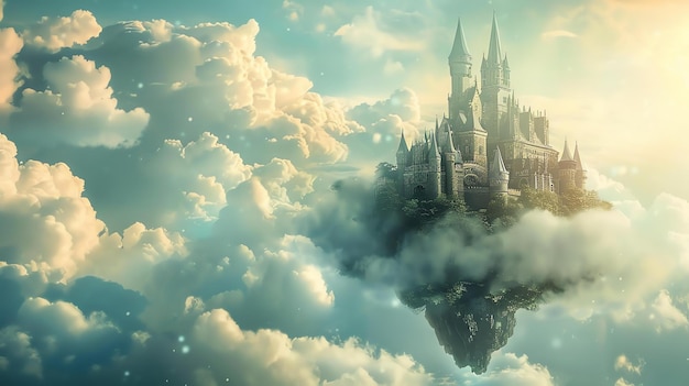 Um majestoso castelo flutua entre as nuvens o céu é azul e o sol está brilhando o castelo é feito de pedra cinzenta e tem muitas torres e torres