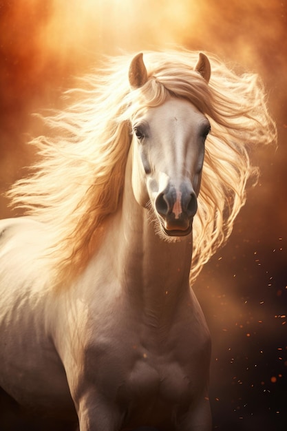 Um majestoso cavalo branco com uma longa crina fluindo correndo em um campo perfeito para entusiastas equestres ou amantes da natureza à procura de um símbolo de liberdade e graça