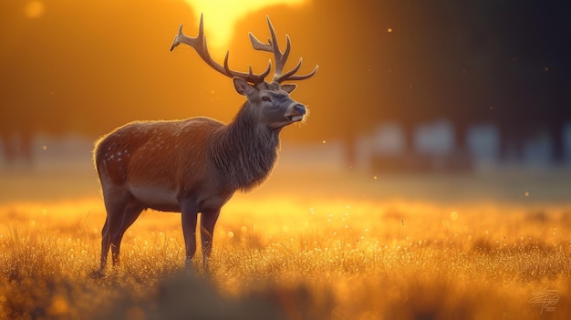 Um majestoso cervo vermelho está em um campo de grama dourada ao nascer do sol