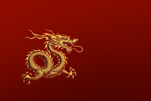 Um majestoso dragão dourado contra um fundo vermelho vibrante