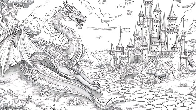 Foto um majestoso dragão pousa-se num afloramento rochoso com as asas estendidas e a cauda enrolada atrás dele.