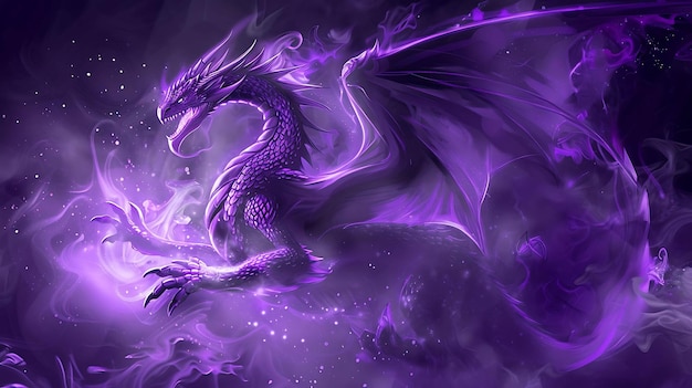 Um majestoso dragão roxo voa através de um céu noturno estrelado com as asas estendidas e a cauda atrás dele como um cometa.