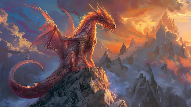 Foto um majestoso dragão vermelho senta-se no topo de uma montanha rochosa com as asas estendidas e a cauda enrolada no vento.