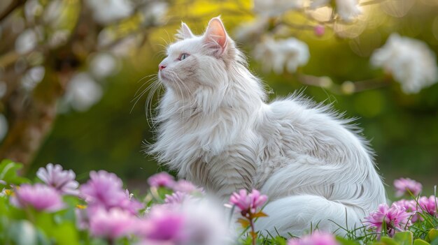 Um majestoso gato branco de pelo longo olhando à distância, cercado de flores cor-de-rosa florescentes em uma serena