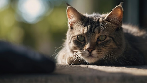 Um majestoso gato tabby senta-se em uma calçada a tomar o sol com olhos impressionantes e uma expressão serena
