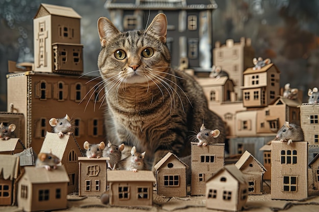 Um majestoso gato tabby supervisionando uma equipe de camundongos enquanto trabalham juntos para construir uma cidade em miniatura de caixas de papelão