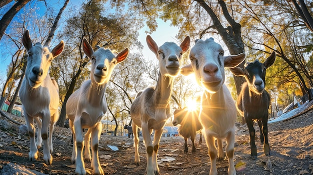 Um majestoso grupo de cabras está em harmonia, cada uma observando curiosamente seu entorno
