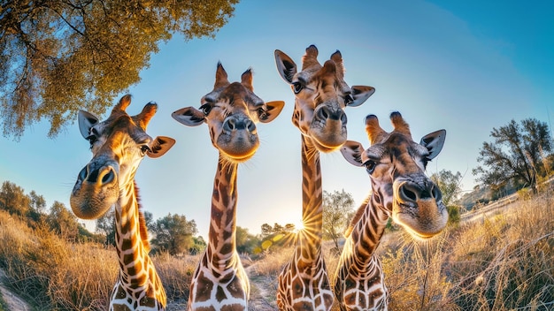 Um majestoso grupo de girafas de pé, mostrando seus longos pescoços e distintivos pêlos manchados em perfeita harmonia