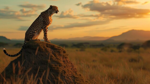 Foto um majestoso guepardo observa a savana de cima de um monte de cupins banhado por um pôr-do-sol dourado