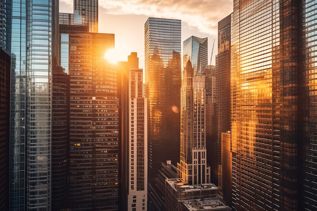 Um majestoso horizonte da cidade durante a hora dourada AI Generative