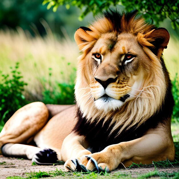 Um majestoso leão descansando à sombra de uma árvore na savana