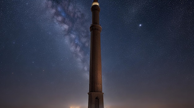 Um majestoso minarete de pé contra um céu noturno estrelado