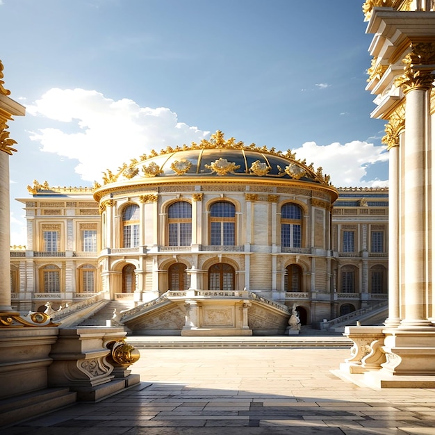 Um majestoso Palácio de Versalhes com sua arquitetura grandiosa e detalhes intrincados