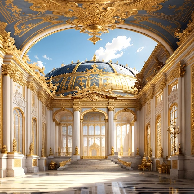 Um majestoso Palácio de Versalhes com sua arquitetura grandiosa e detalhes intrincados