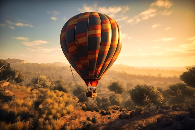 Um majestoso passeio de balão de ar quente sobre uma paisagem ensolarada com vistas panorâmicas e o suave farfalhar da brisa