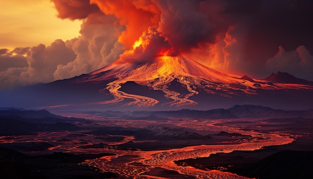 Foto um majestoso pico de montanha em erupção criando um céu dramático gerado pela inteligência artificial.