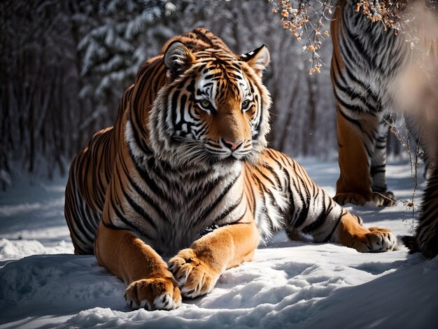 Foto um majestoso tigre caminha graciosamente por um campo de neve prístino