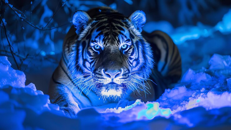 Foto um majestoso tigre com olhos azuis penetrantes olha intensamente de um fundo coberto de neve