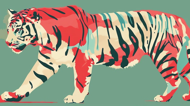 Um majestoso tigre com um casaco vermelho, branco e azul está caminhando por uma selva verde