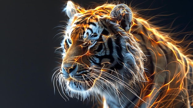 Um majestoso tigre com uma crina de fogo está erguido na escuridão seus olhos são de um azul penetrante e sua pelagem é de um laranja profundo