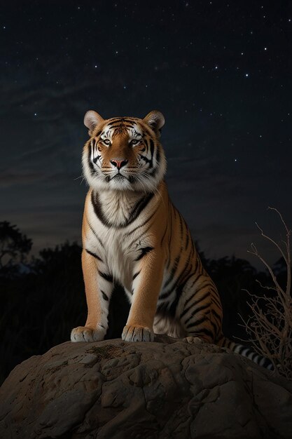 Um majestoso tigre percha no topo de uma árvore sem folhas seu casaco dourado iluminado por um distante raio de lua cortando a escuridão