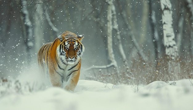 um majestoso tigre siberiano se movendo furtivamente através de uma floresta coberta de neve no Extremo Oriente russo