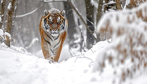 um majestoso tigre siberiano se movendo furtivamente através de uma floresta coberta de neve no Extremo Oriente russo