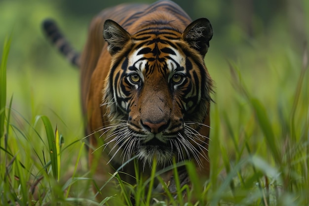 Um majestoso tigre vagueando livremente abraçando seu habitat natural com graça e poder