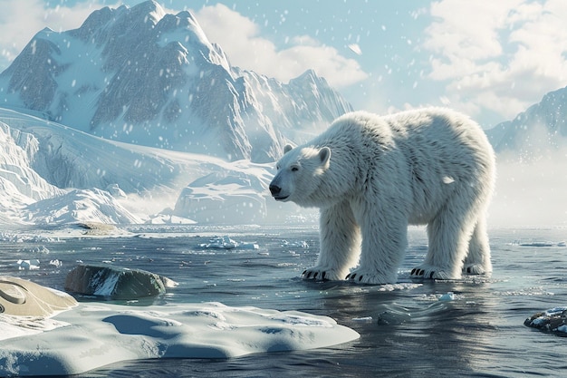 Um majestoso urso polar explorando seu habitat gelado.