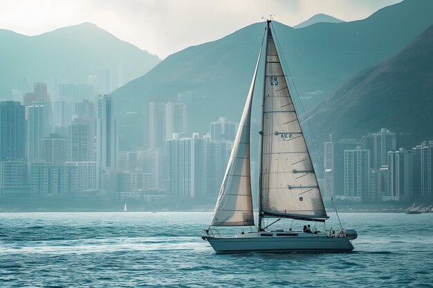 Um majestoso veleiro cercado de oceano e paisagem urbana