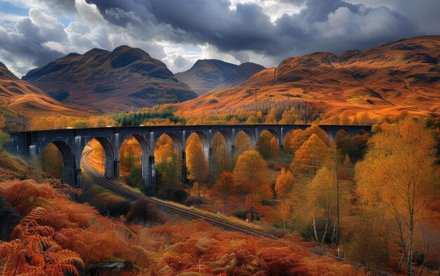 Um majestoso viaduto arqueado sobre uma paisagem em chamas com cores de outono sob um céu dinâmico