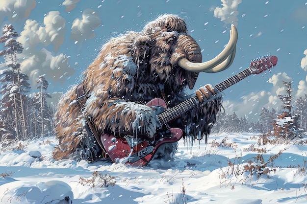 Foto um mamute de dentes longos tocando guitarra em desenho animado da era do gelo