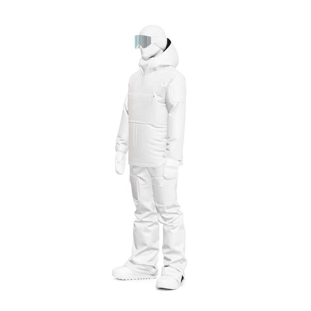 Foto um manequim com um snowboard uniforme completo isolado em um fundo branco
