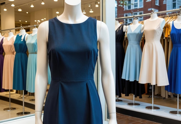 Foto um manequim com um vestido azul está de pé na frente de uma janela