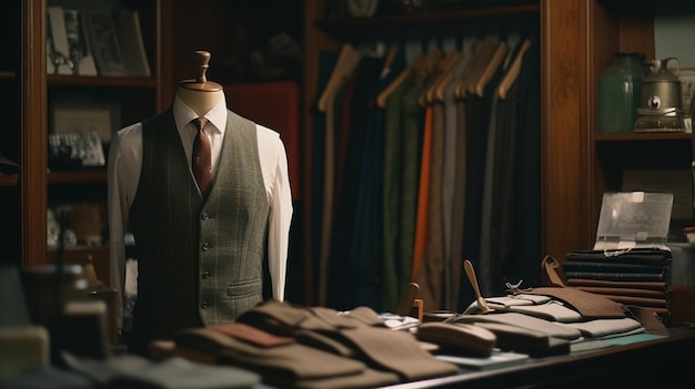 Foto um manequim em uma loja de roupas com camisa e gravata.