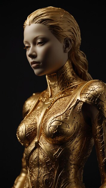 um manequim feminino com pele dourada e um corpo dourado
