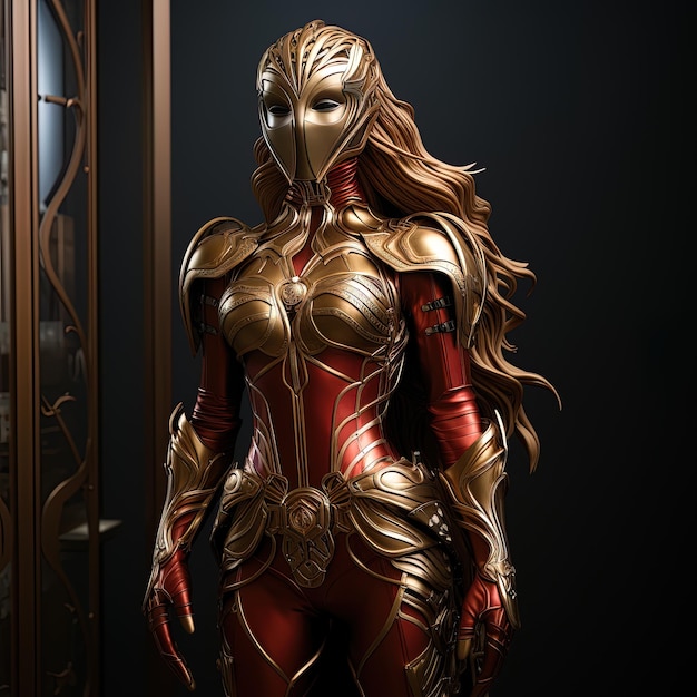 um manequim feminino vestindo um traje vermelho e dourado com uma máscara de ouro nele